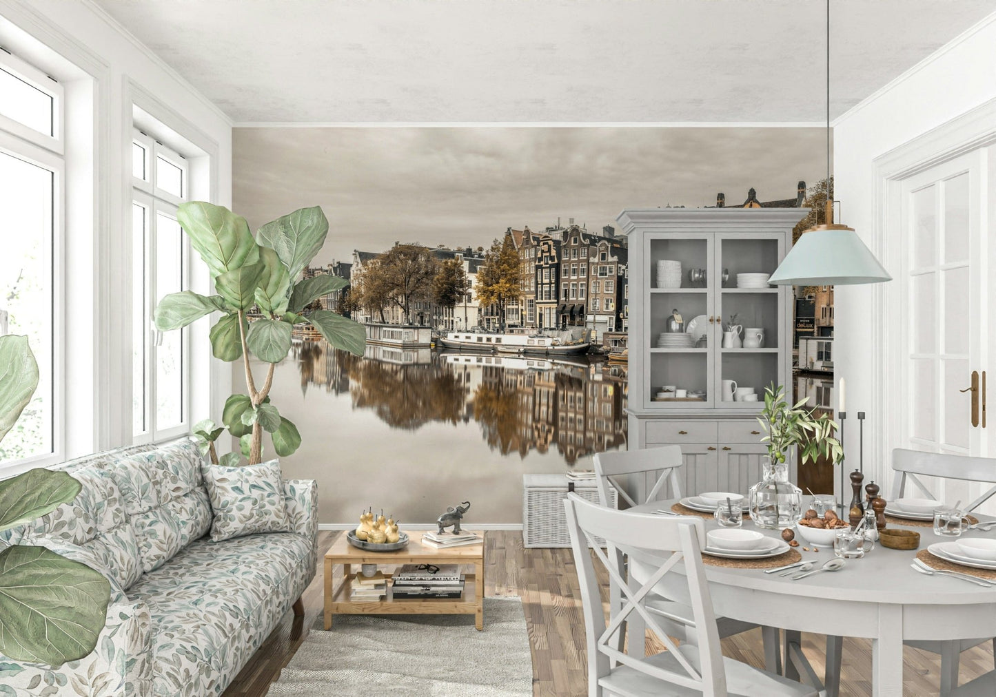 Hallway feature wall mural of Amsterdam canal houses mirrored on water, crisp detail