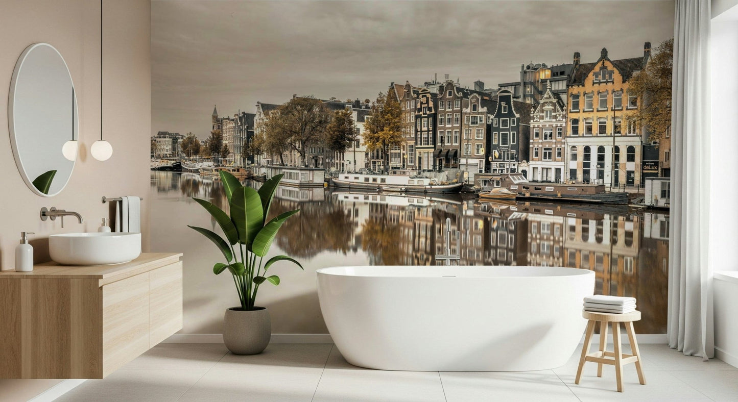 European canal reflection mural behind TV unit, modern living room wall decor