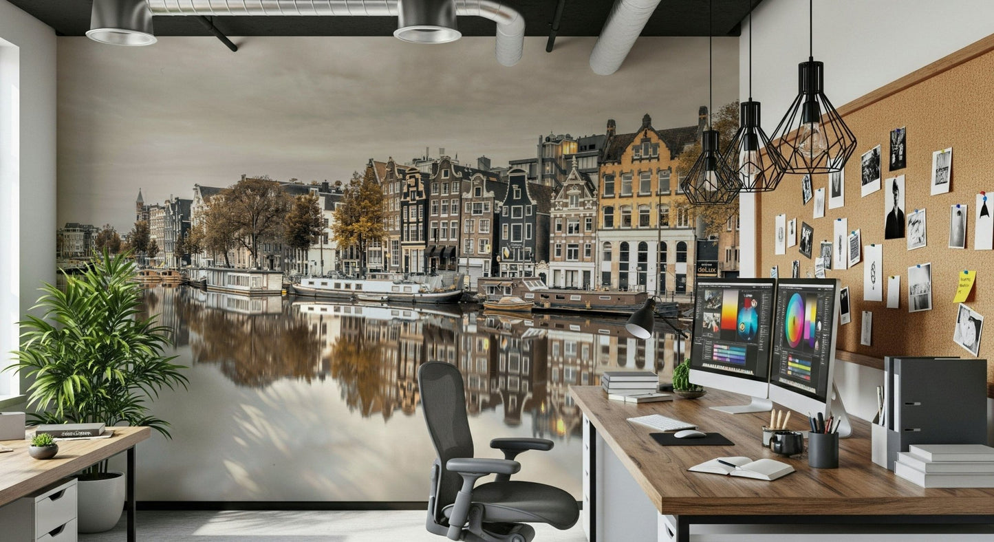 Canal house reflections wall mural in guest room, light bedding, feature wall