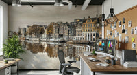 Canal house reflections wall mural in guest room, light bedding, feature wall