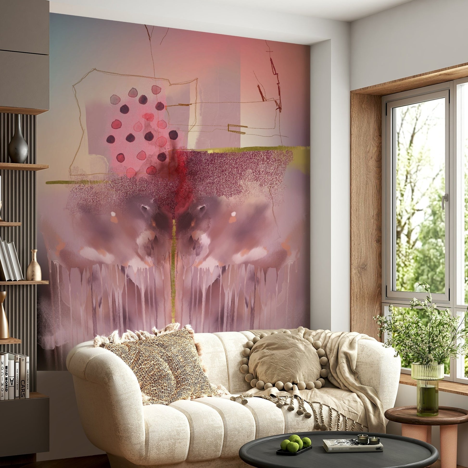 Textured wall mural with conceptual forms and artistic composition.

