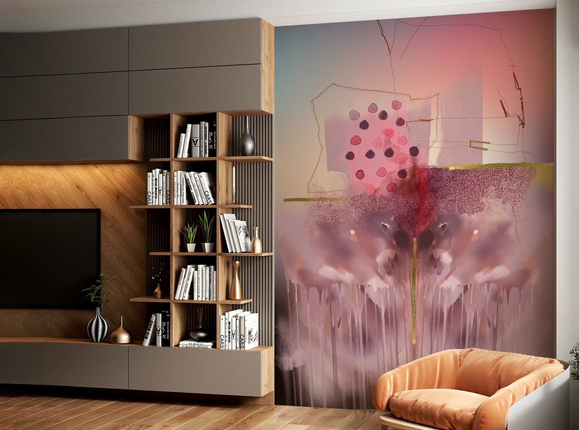 Artistic wallpaper mural with layered, expressive design.

