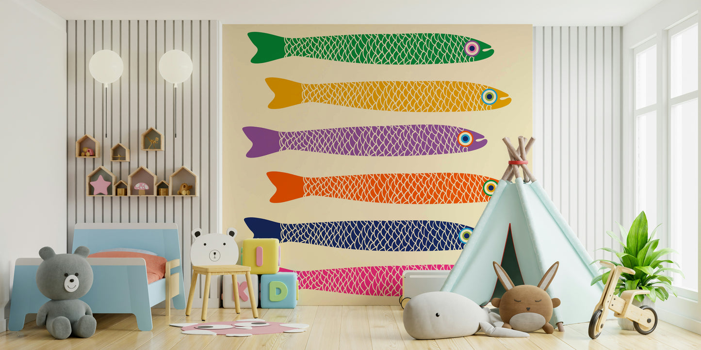 Bright, multicolored fish design on a light, neutral cream background.

