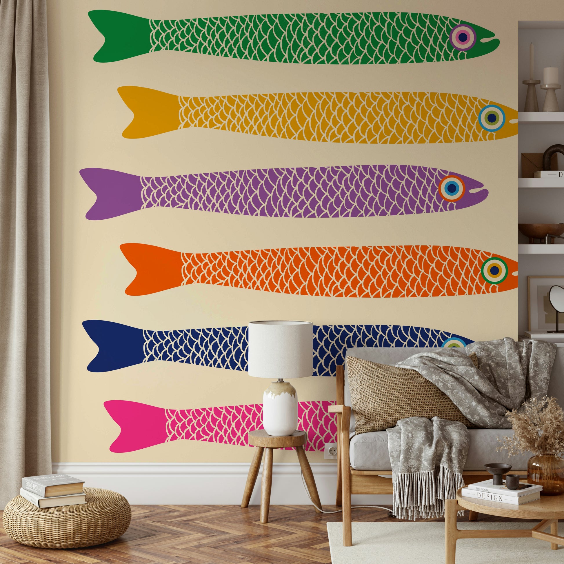 Fun fish mural with rainbow colors on a soft cream backdrop.

