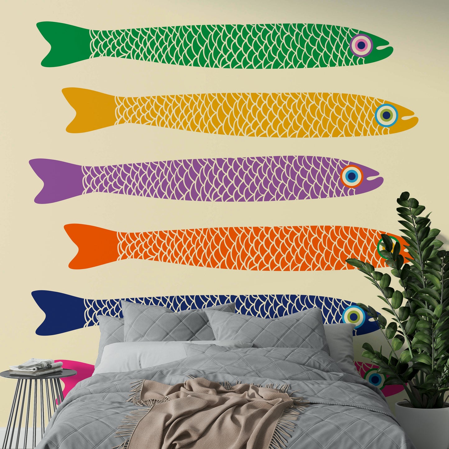 Colorful anchovies design on a neutral cream wall mural.

