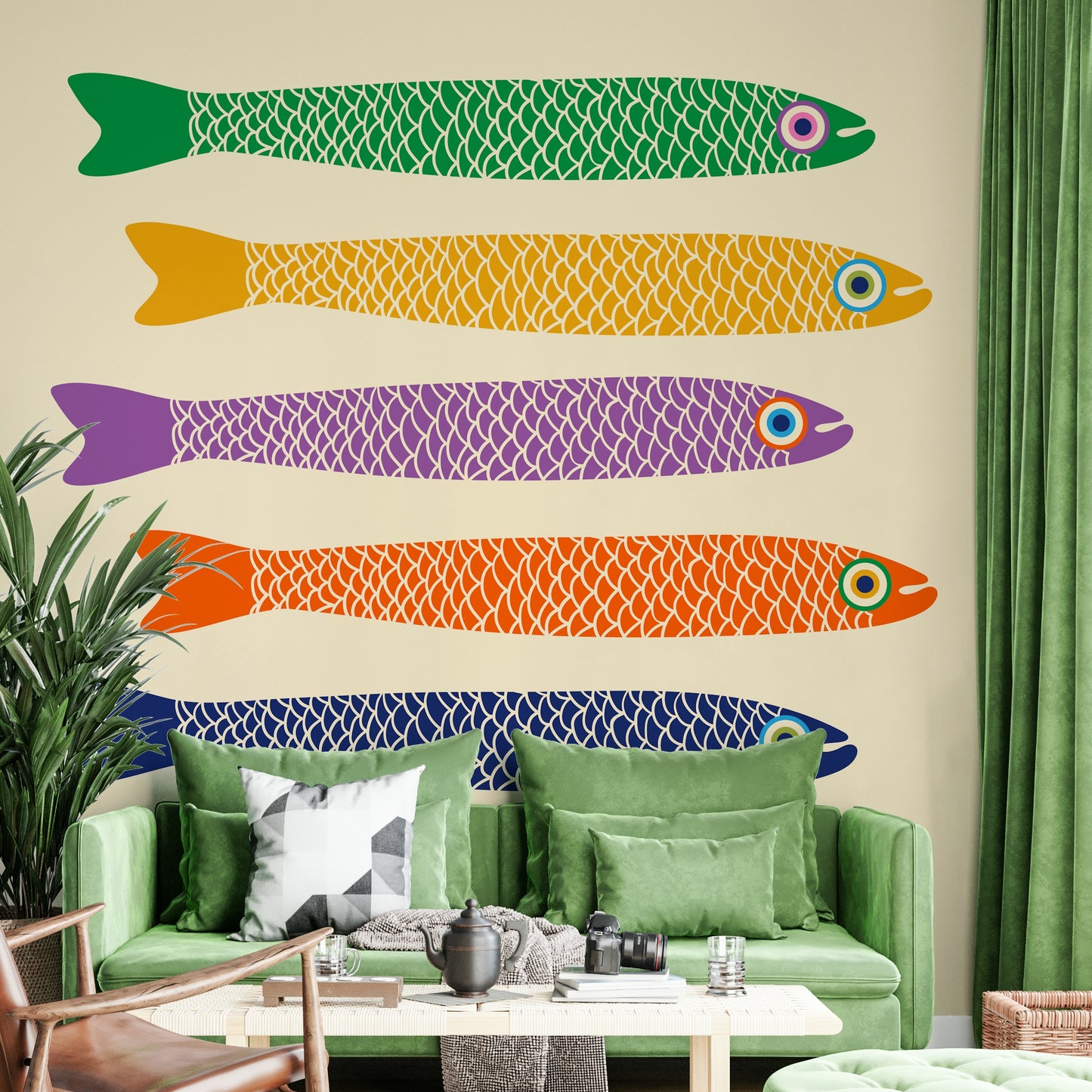 Bright rainbow fish swimming across a soft cream wall mural.

