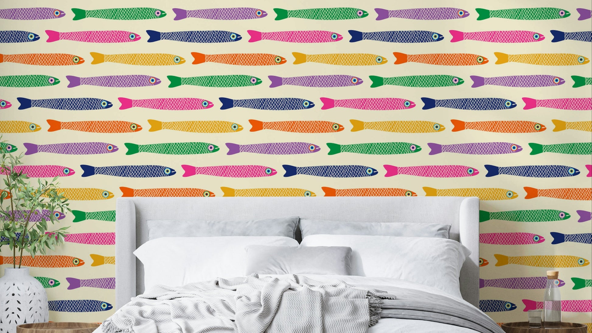 Anchovies Bright Rainbow Fish on Cream Wallpaper with colorful fish.

