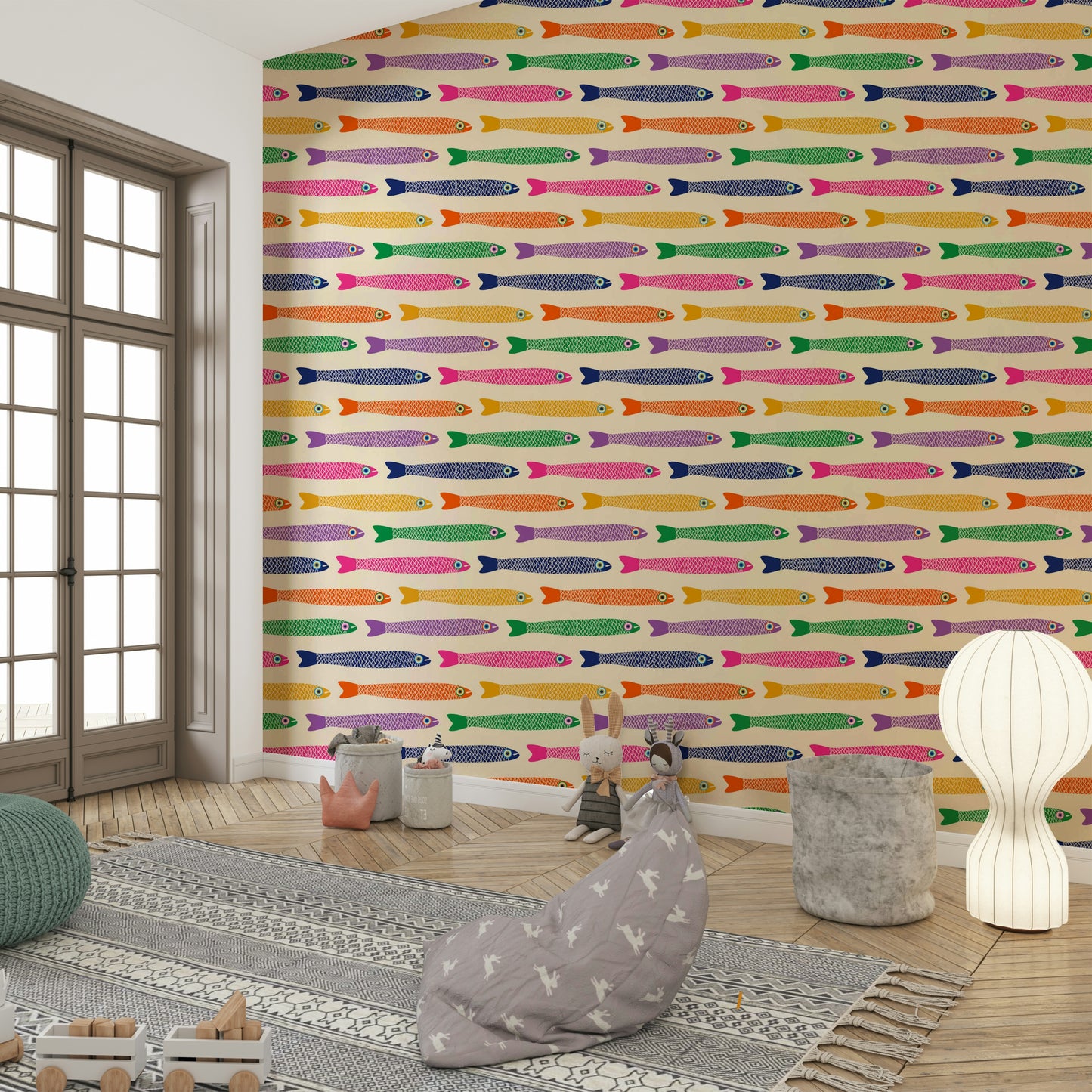 Whimsical fish wallpaper with rainbow colors set on a cream canvas.

