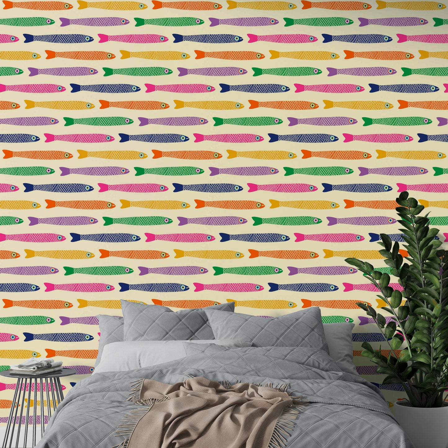 Colorful rainbow fish on cream wallpaper for a joyful, whimsical space.

