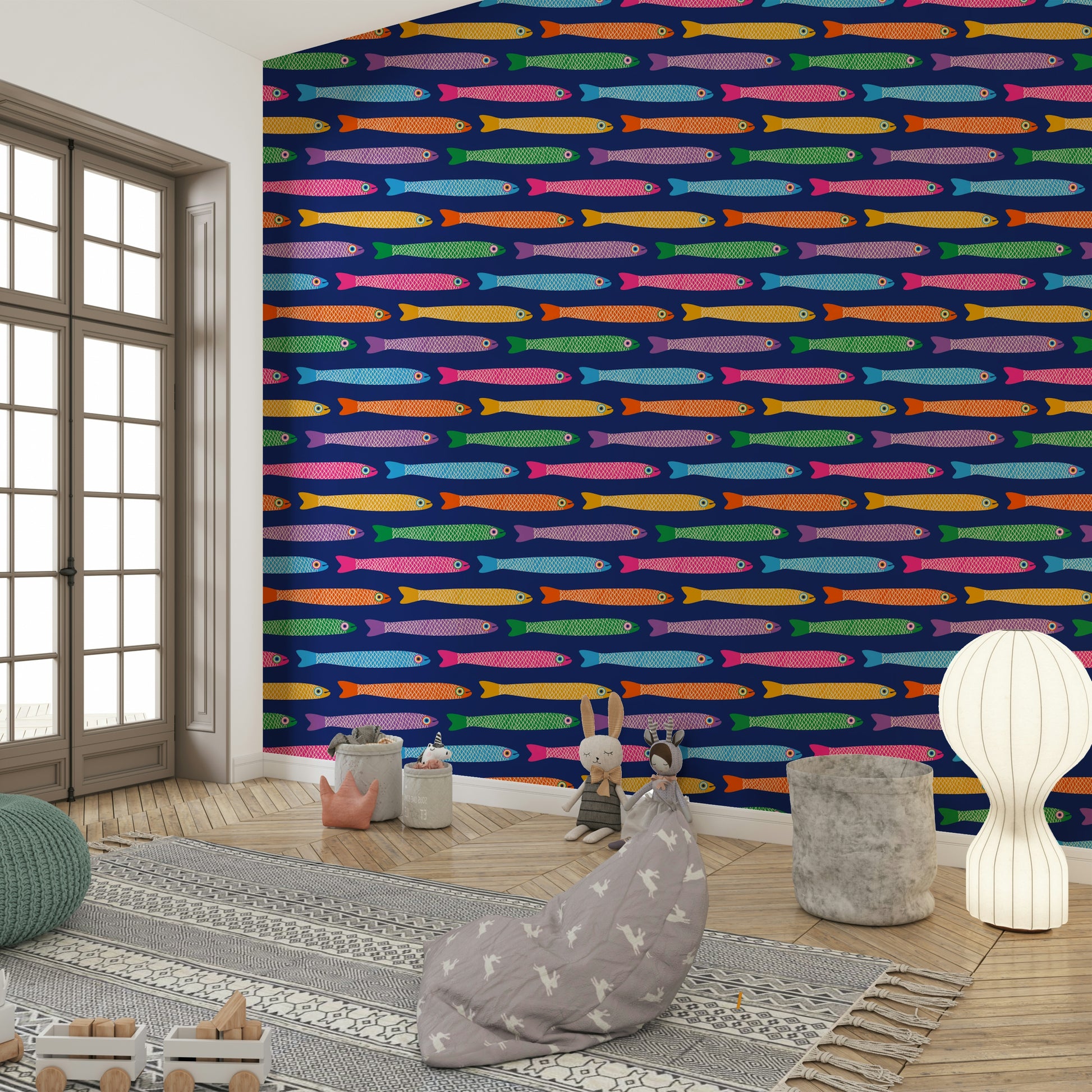 Colorful fish wallpaper featuring bright hues on a royal blue backdrop.

