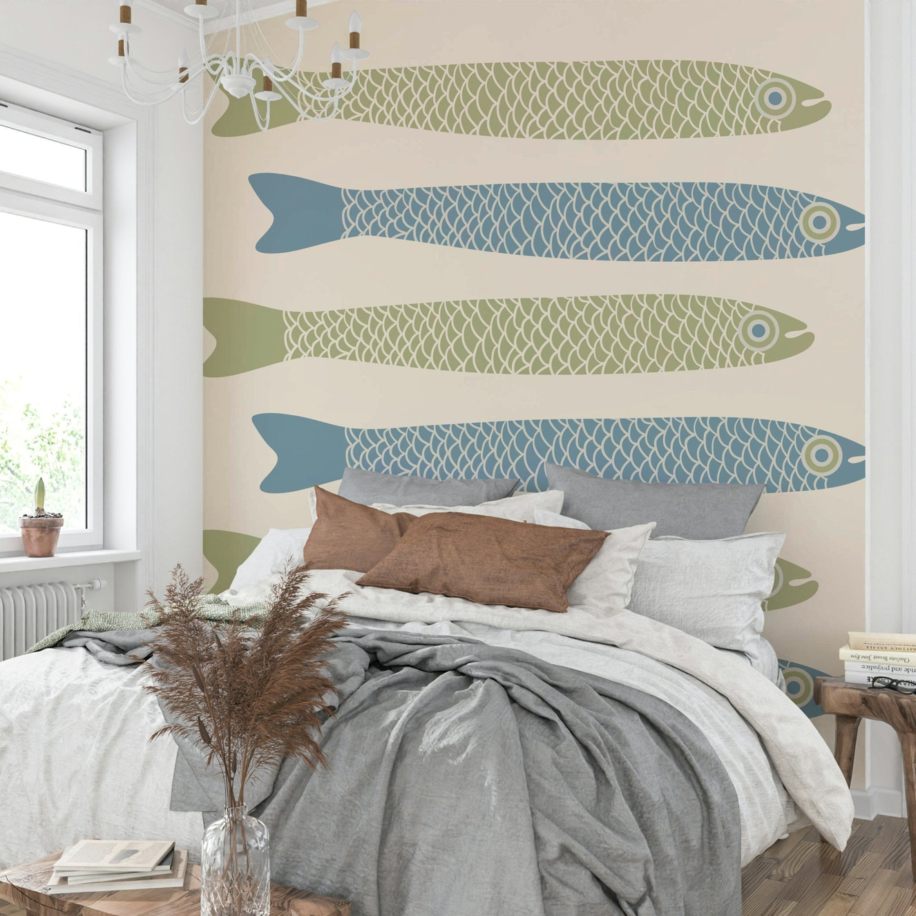 Sage green and light blue fish design
