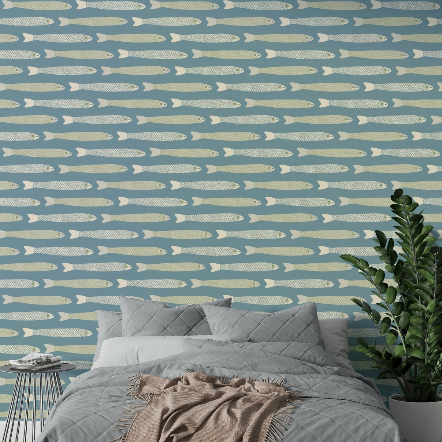 Playful fish wallpaper with soft cream and green colors on blue backdrop

