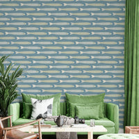 Light blue wallpaper with whimsical fish design for coastal-themed spaces

