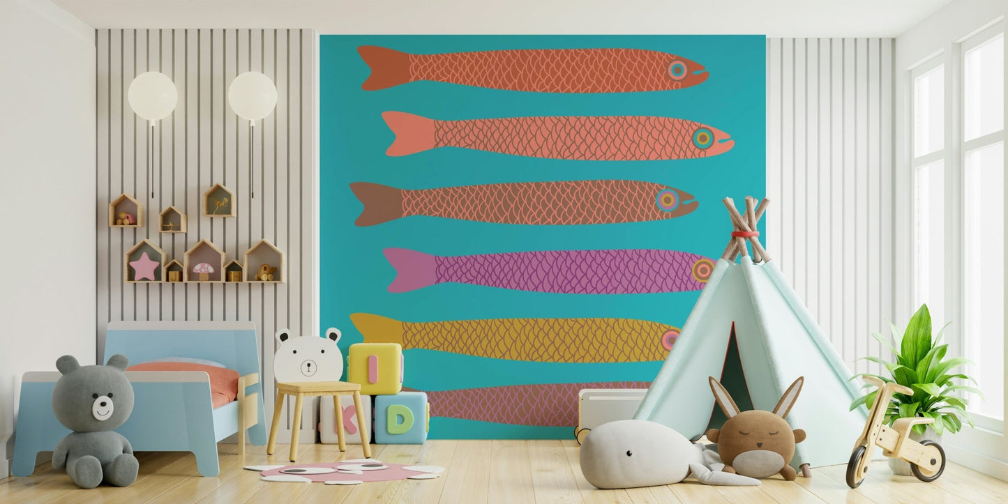 Vintage kitchen wallpaper with fish
