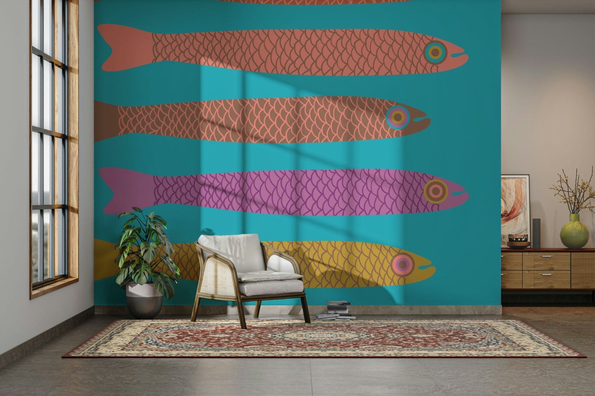 Warm tone fish wallpaper for interiors
