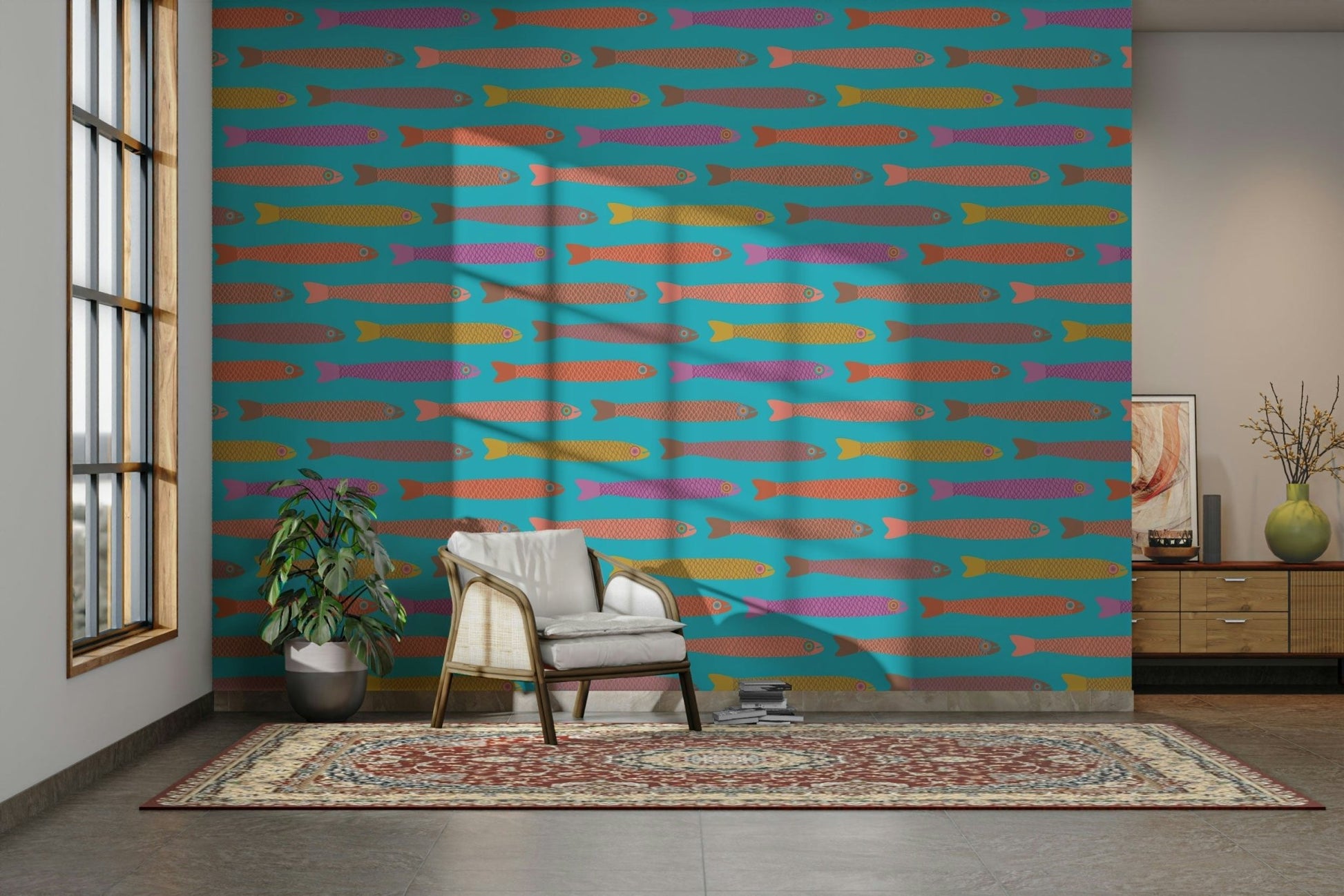 Soft blue wallpaper with quirky fish
