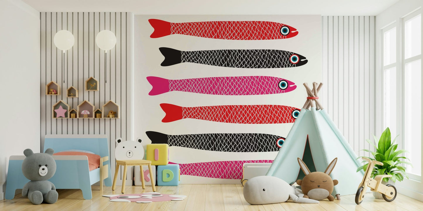 Red pink black fish pattern wall mural
