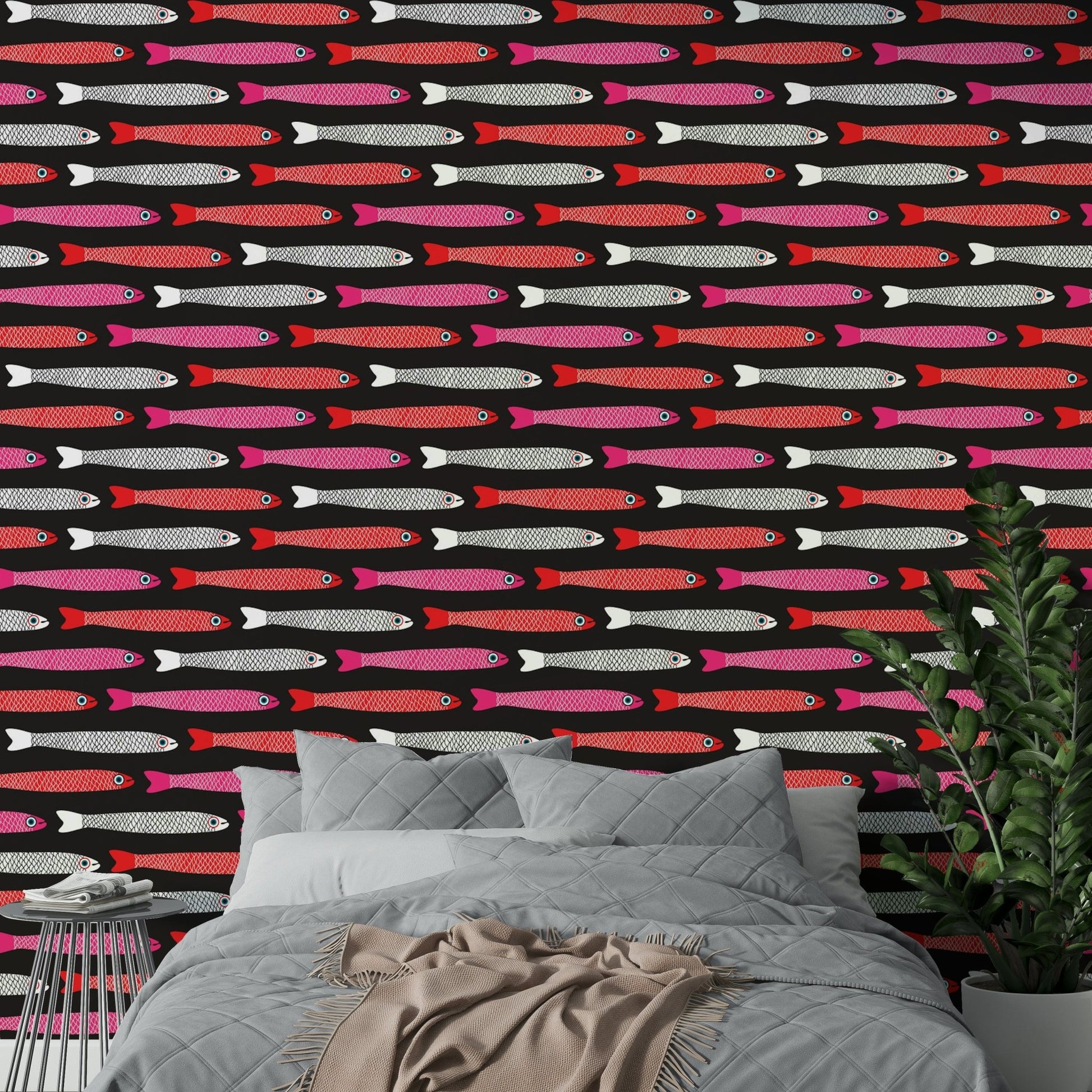 Bold black wallpaper with quirky fish

