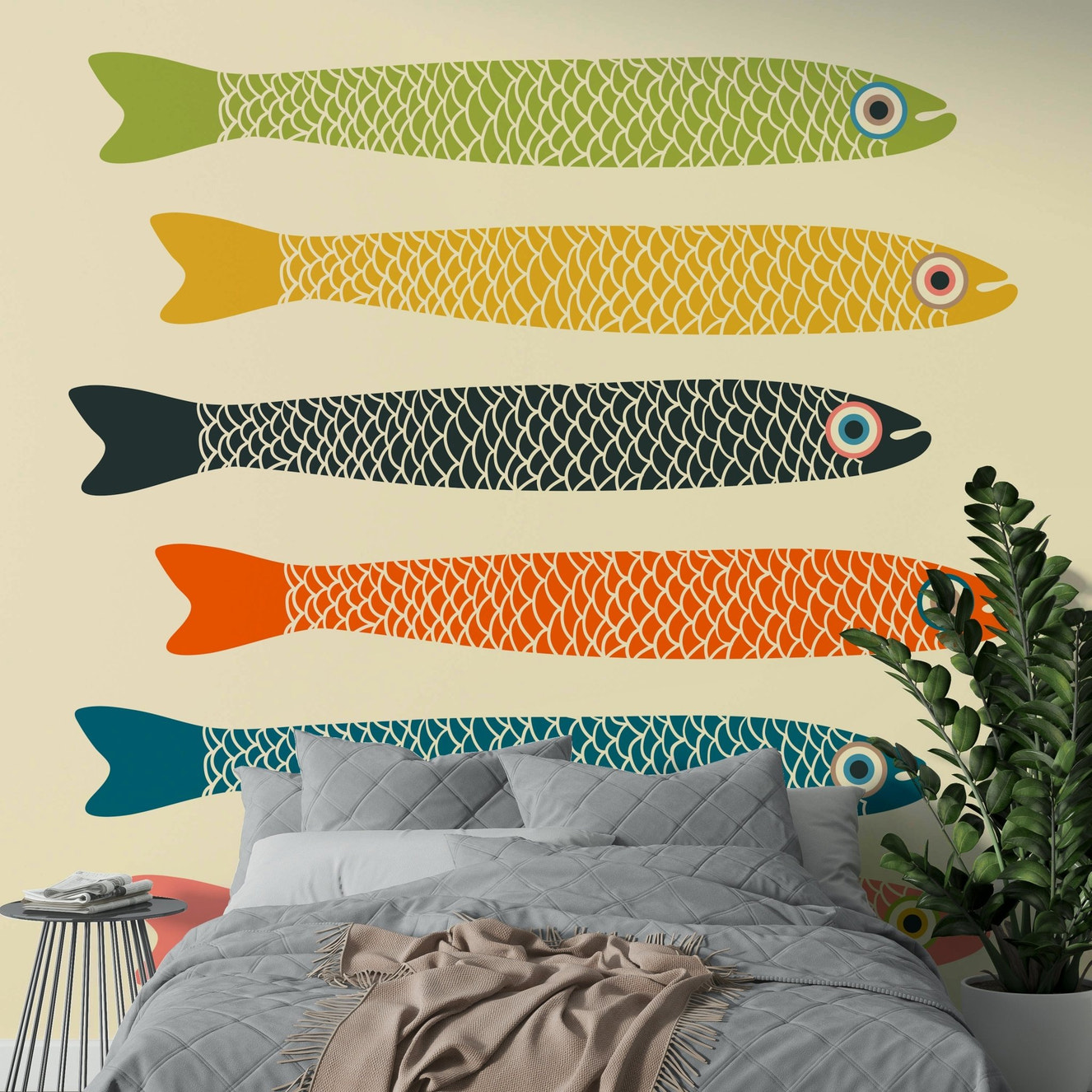 Anchovies Retro Vintage Multicolored Fish on Cream Wall Mural.

