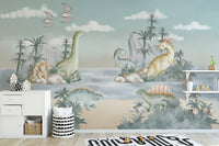 Removable Ancient Adventures wallpaper mural in a nursery with a white storage cabinet and toys for a clean look.