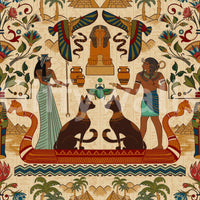 Ancient Echoes wall mural with women, vases, and tropical plants.