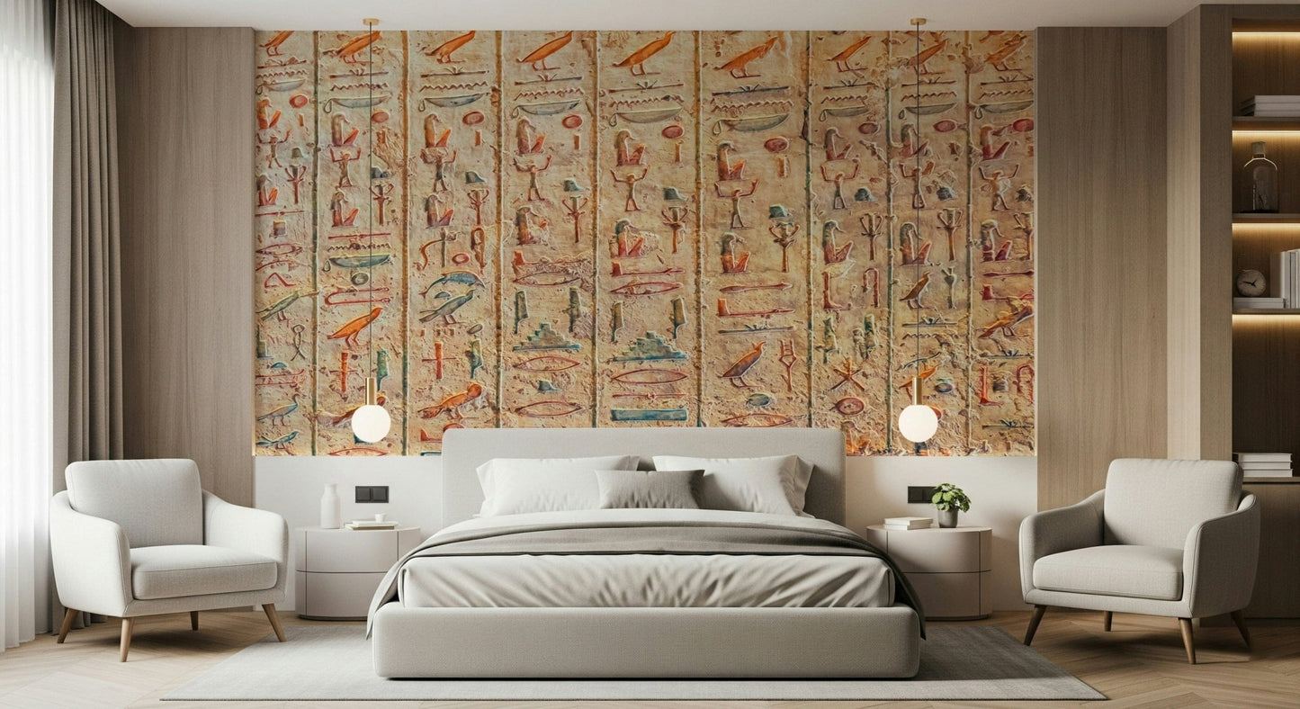 Ancient Glyphs wallpaper mural of hieroglyph columns above a grey bed between two white armchairs in a bedroom