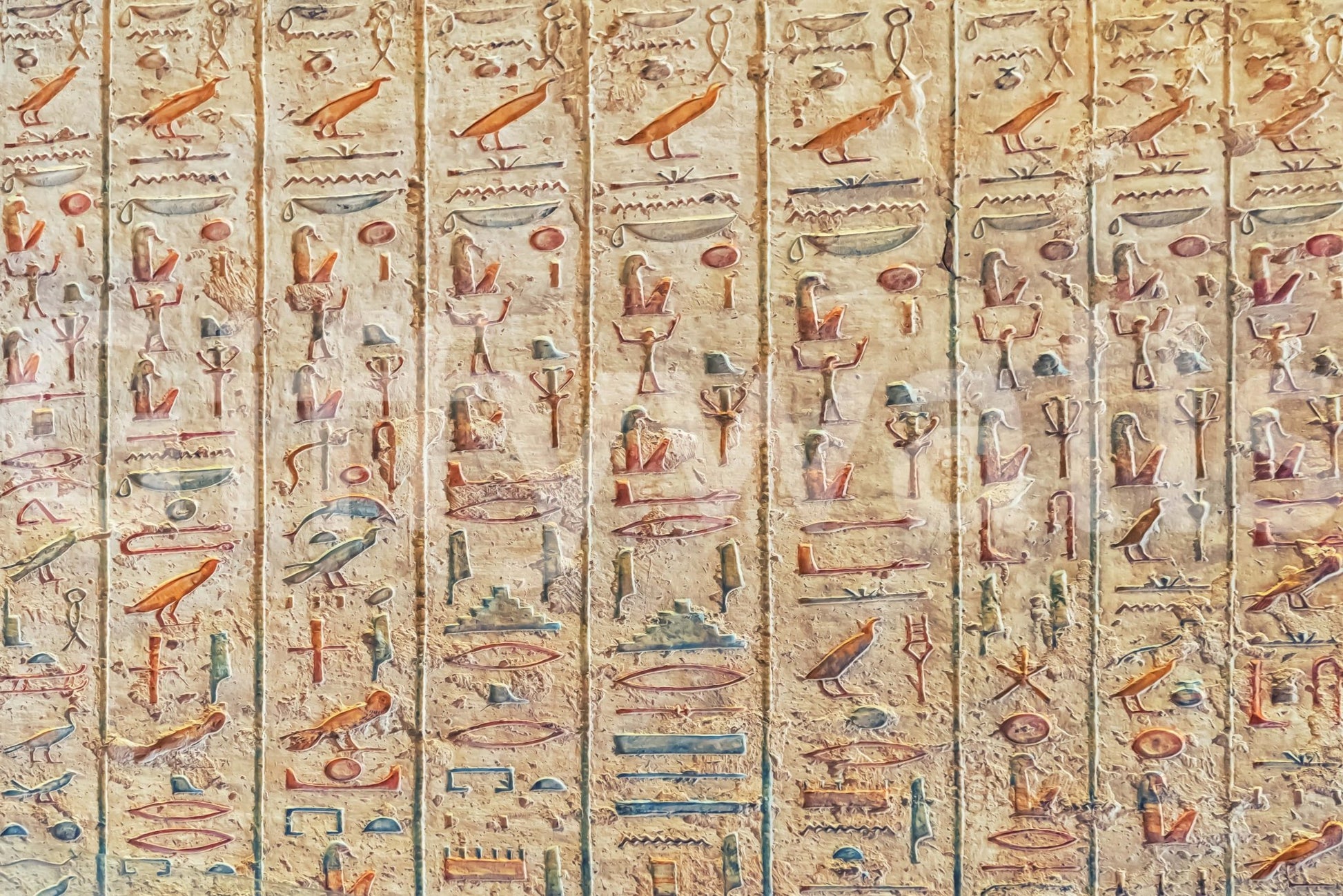 Ancient Glyphs wallpaper mural close-up of carved orange and teal Egyptian hieroglyphs on weathered stone