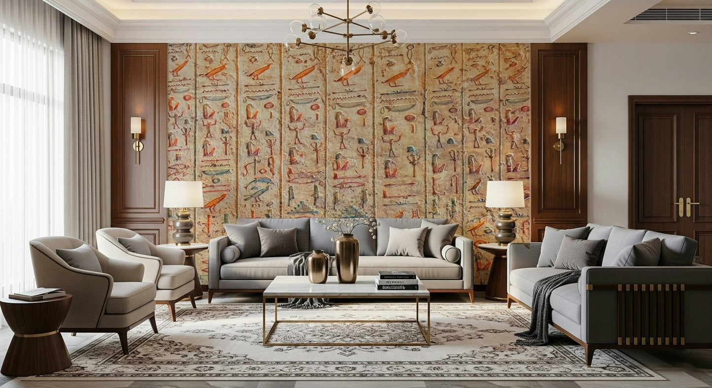 Ancient Glyphs wallpaper mural of Egyptian carvings behind grey sofas in a formal living room with a gold chandelier