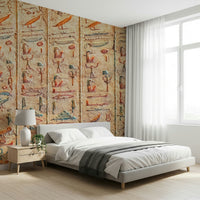 Ancient Glyphs wallpaper mural of orange and red hieroglyphs behind a white bed in a sunlit bedroom