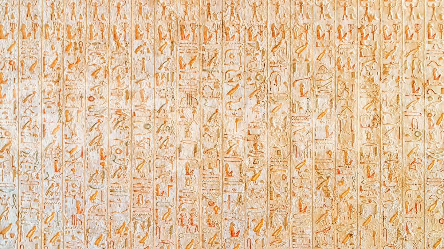 Ancient Inscriptions wallpaper mural close-up showing orange and tan Egyptian figures and hieroglyphic carvings