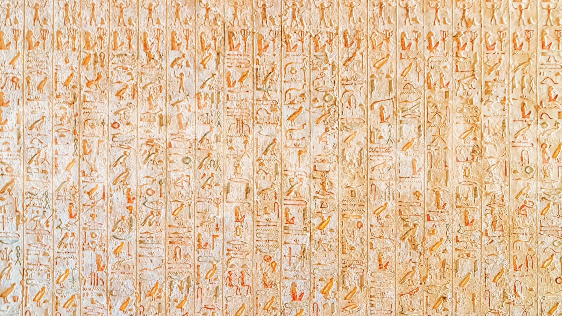 Ancient Inscriptions wallpaper mural close-up showing orange and tan Egyptian figures and hieroglyphic carvings
