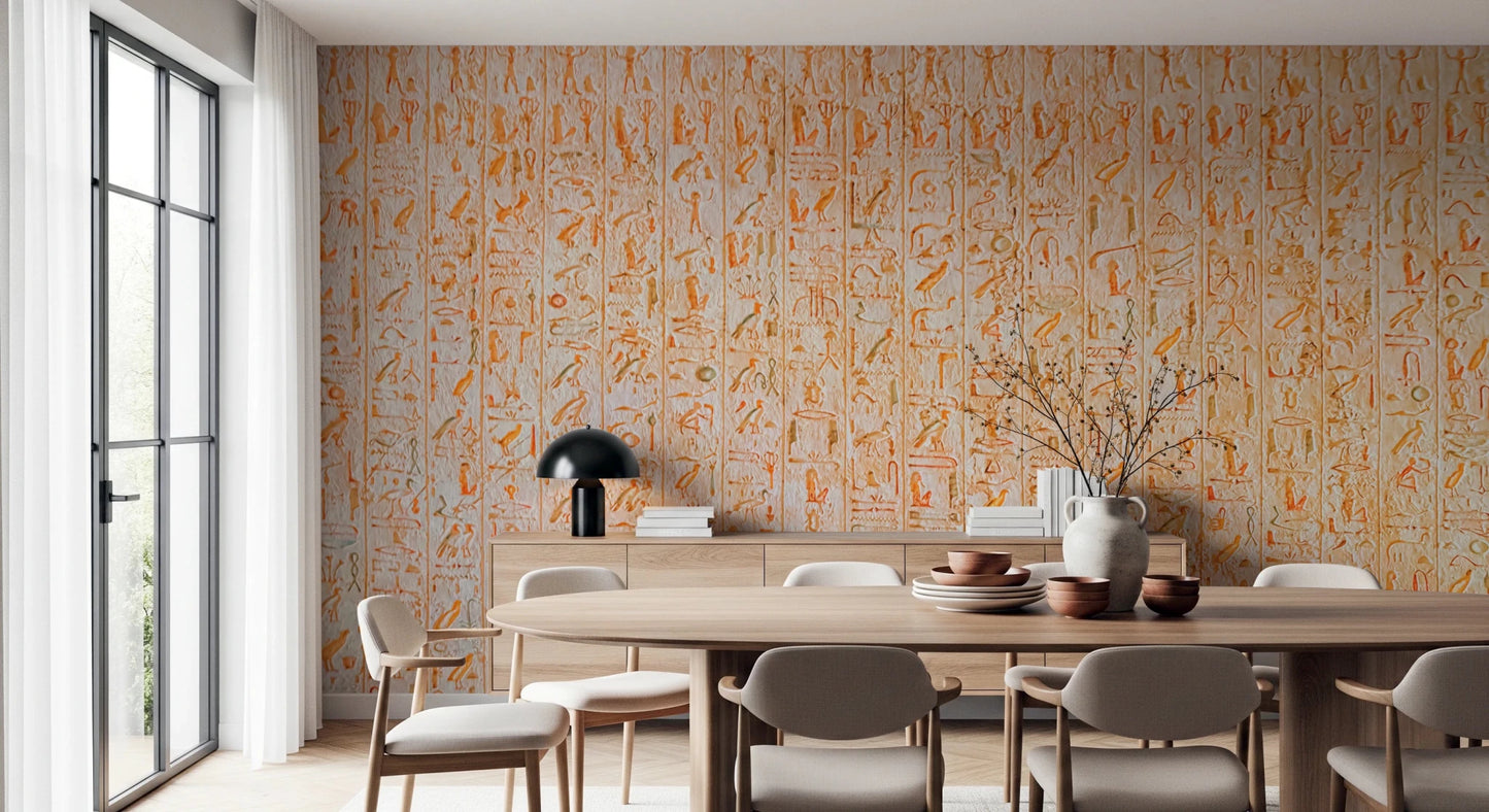 Ancient Inscriptions wallpaper mural in soft orange behind an oval wood dining table beside a glass garden door
