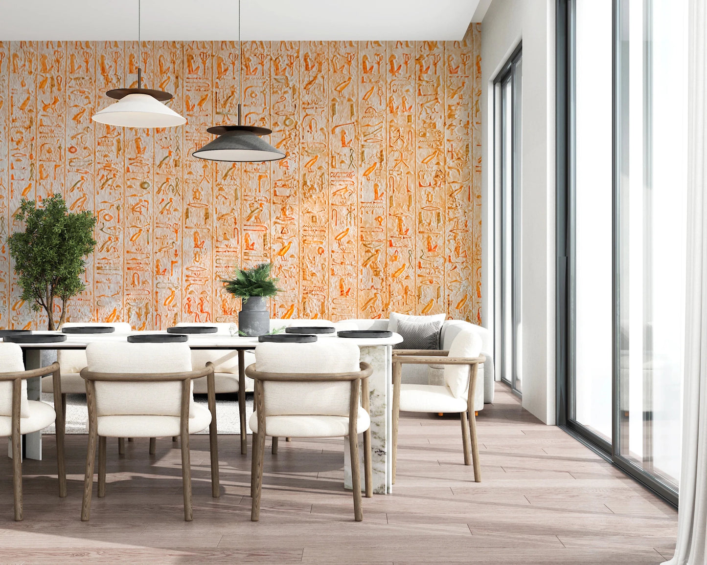Ancient Inscriptions wallpaper mural of orange hieroglyphs in a dining room with white chairs and pendant lamps