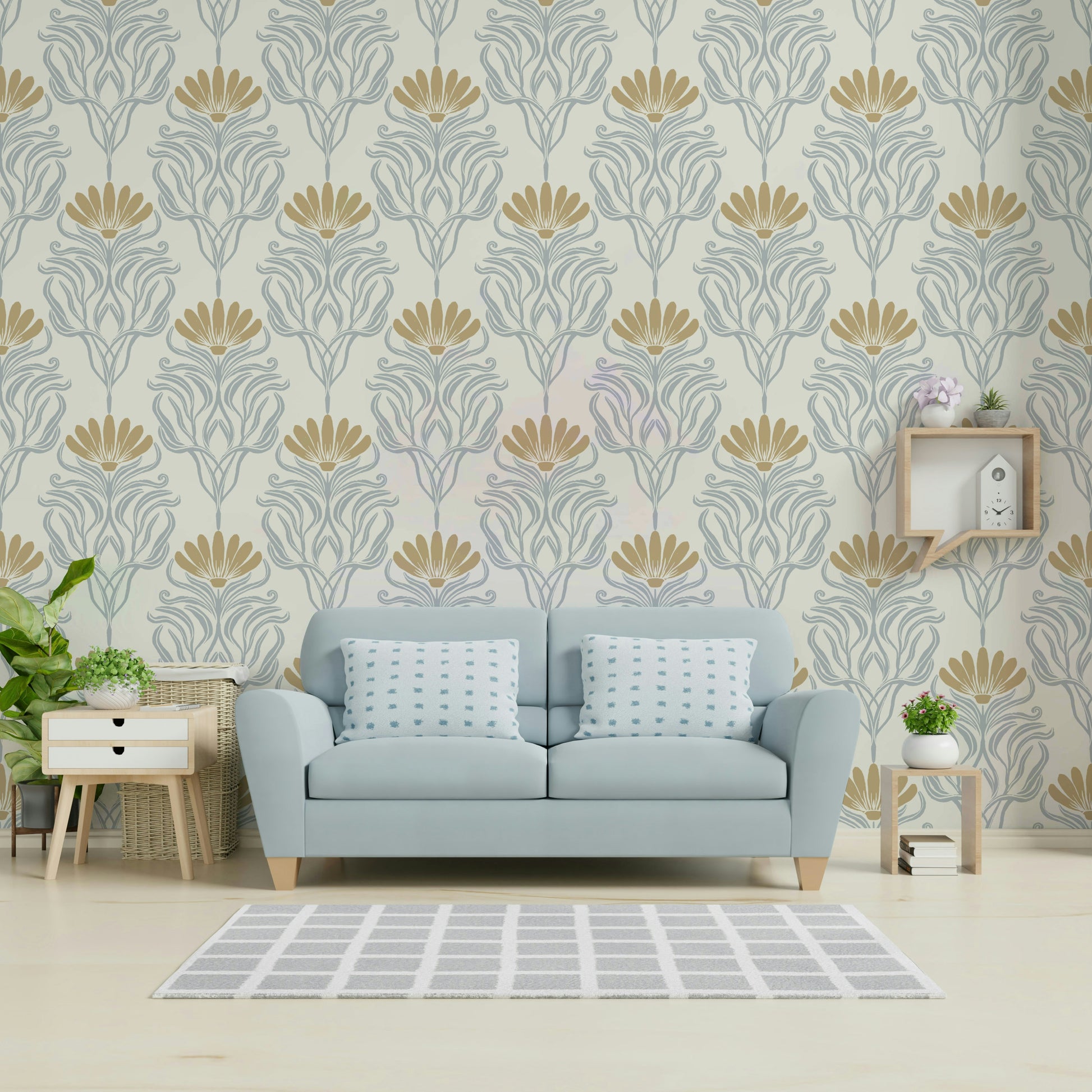 Elegant ancient-style patterned wallpaper in hallway

