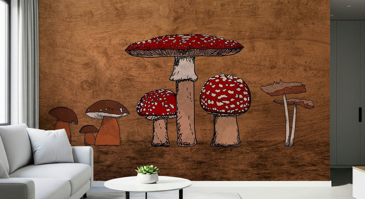 Ancient Mushrooms wall art, detailed hand-drawn fungi wallpaper.