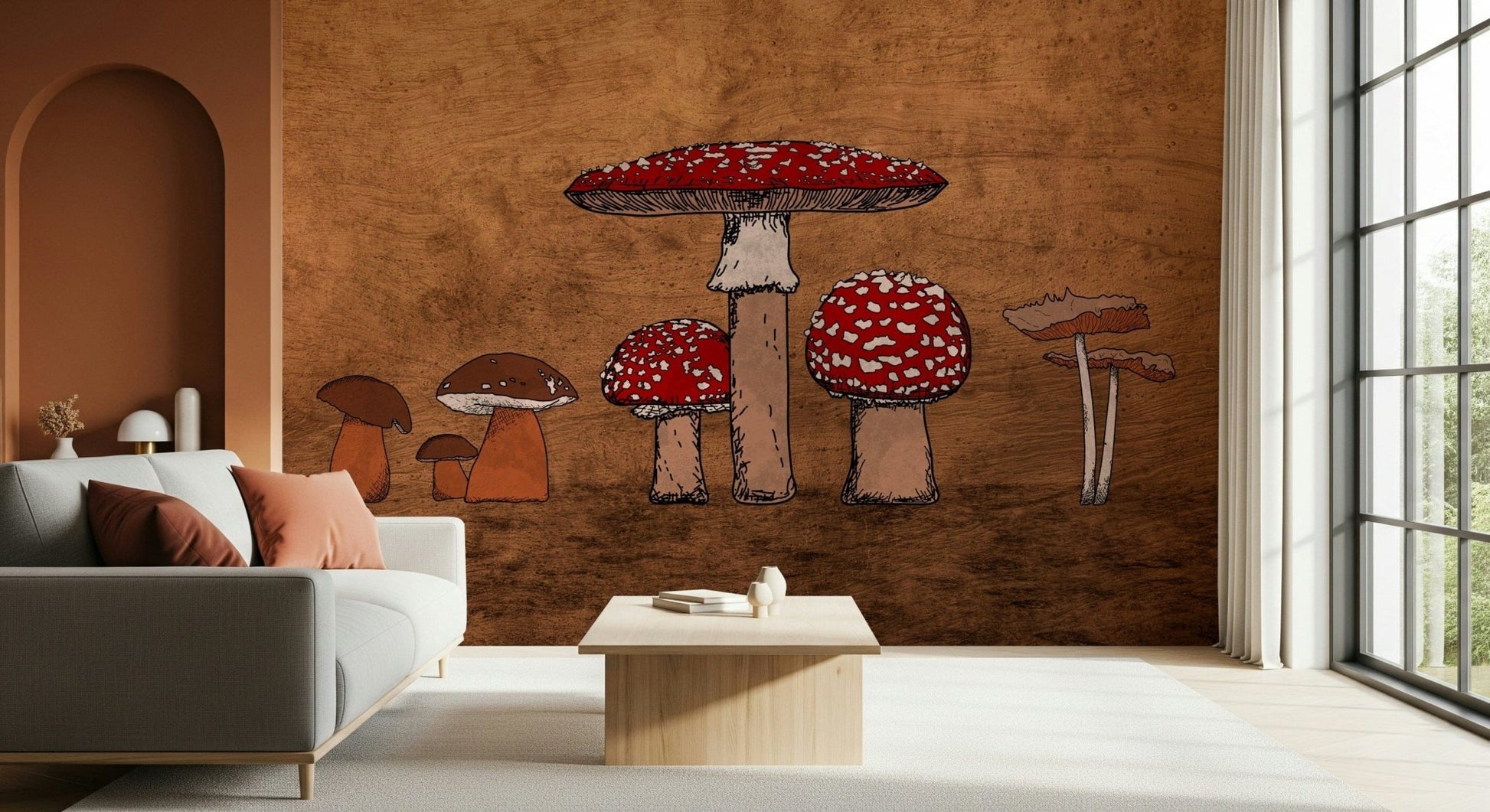 Brown wooden backdrop with striking Ancient Mushrooms decor wallpaper.