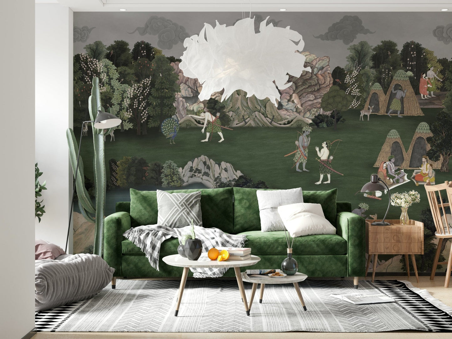 Artistic wall mural depicting an ancient village scene surrounded by nature