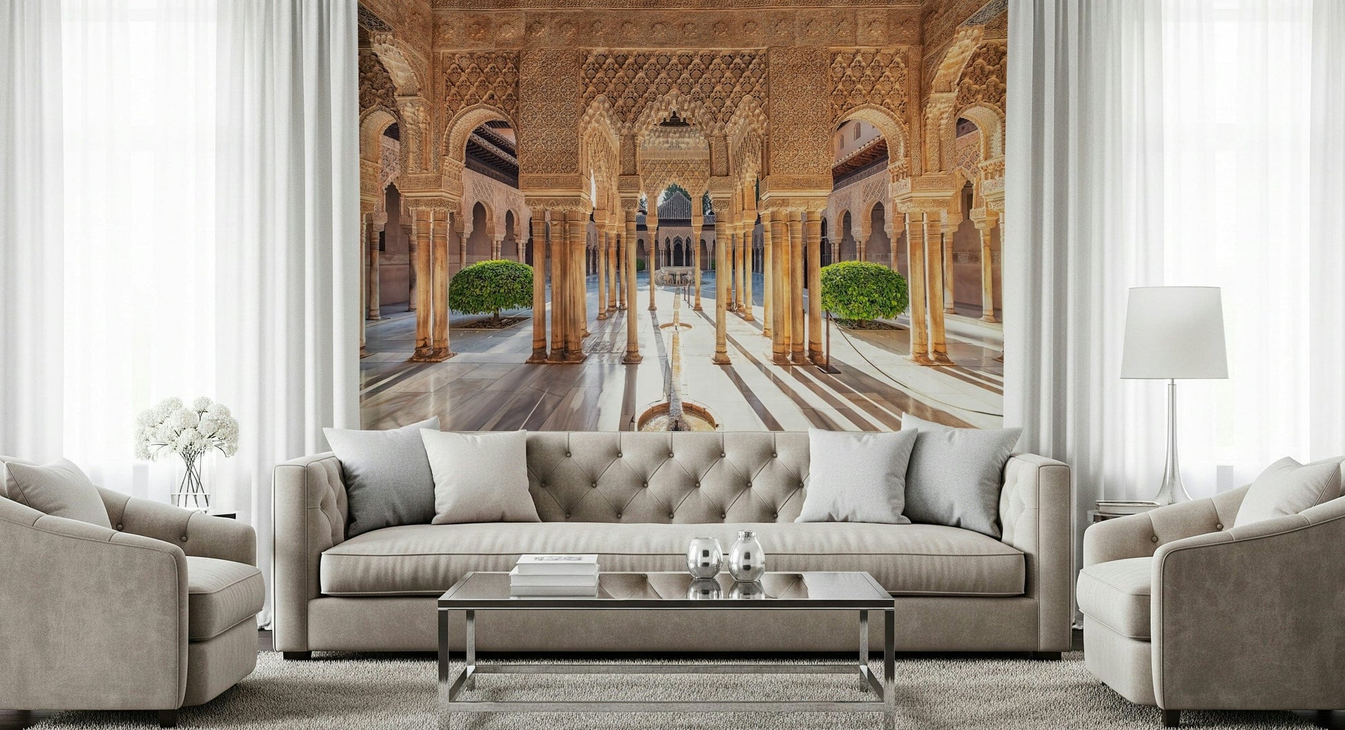 Elegant arched gallery perspective Andalusian Courtyard wallpaper mural.