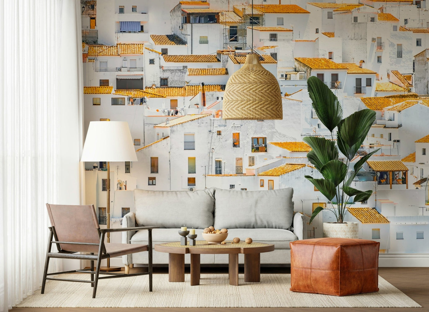 Bright terracotta roofs scenic Andalusian Village design wallpaper.