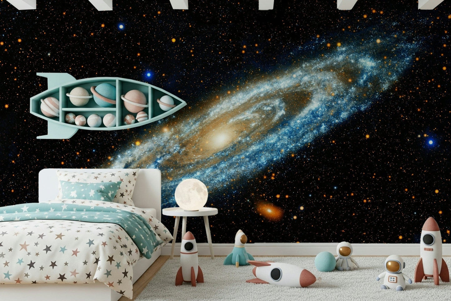 Andromeda galaxy mural beside a teal rocket shelf of planets and astronaut toys in a kids room