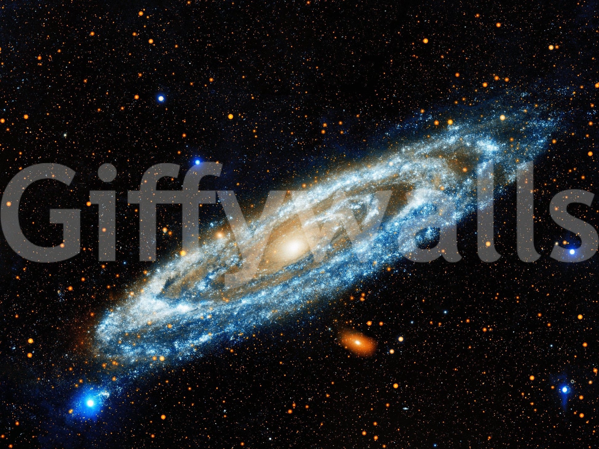 Andromeda mural close-up showing a blue and gold spiral galaxy among orange stars on black space