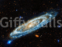Andromeda mural close-up showing a blue and gold spiral galaxy among orange stars on black space