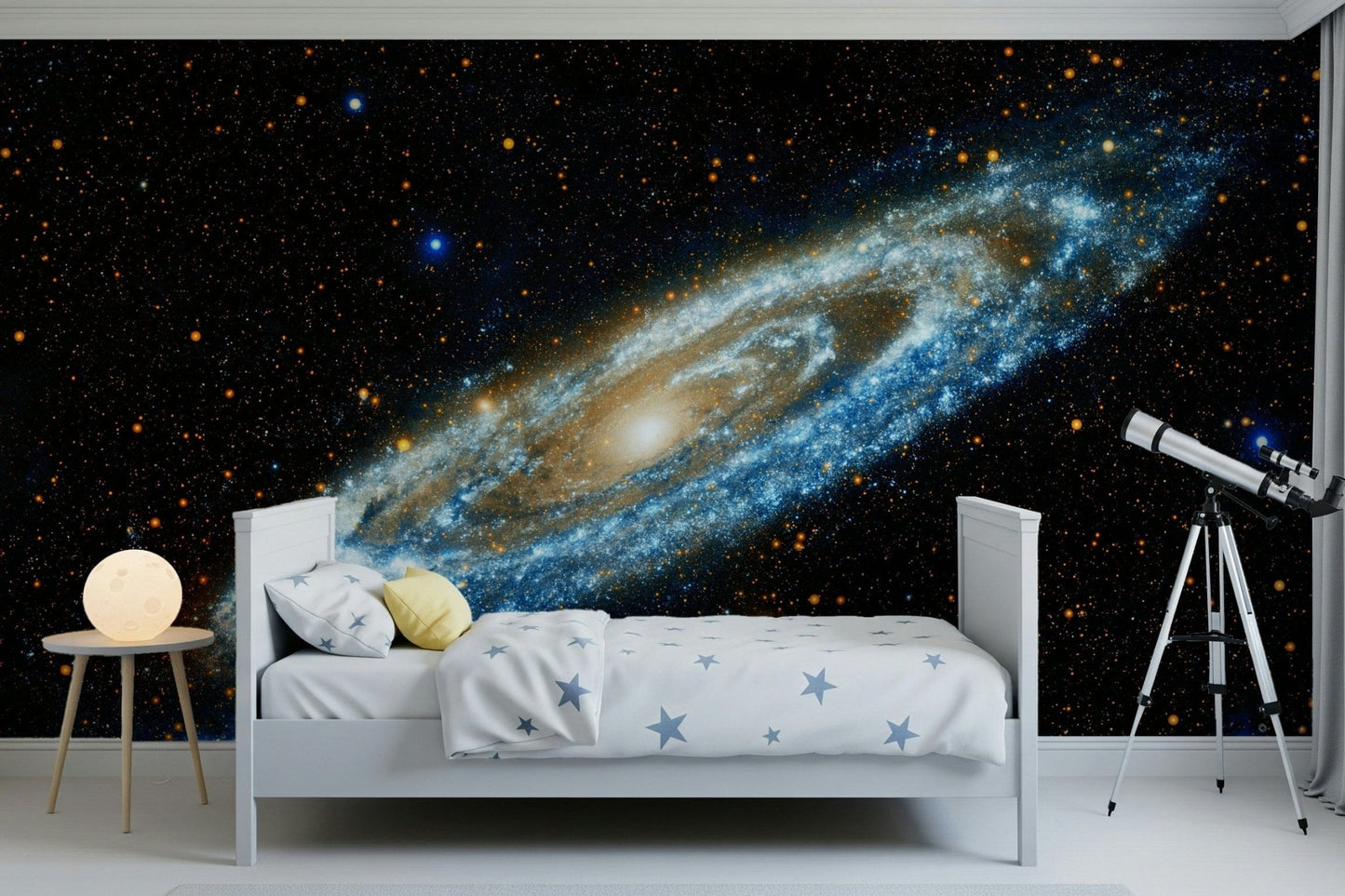 Andromeda mural of a spiral galaxy on black behind a white star-print bed and a telescope
