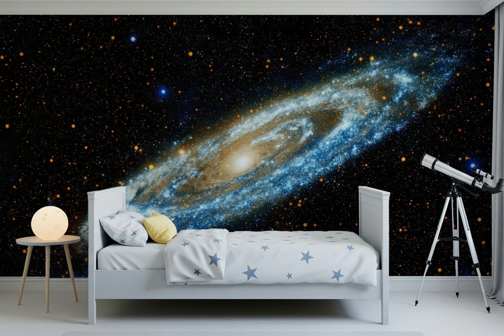 Andromeda mural of a spiral galaxy on black behind a white star-print bed and a telescope