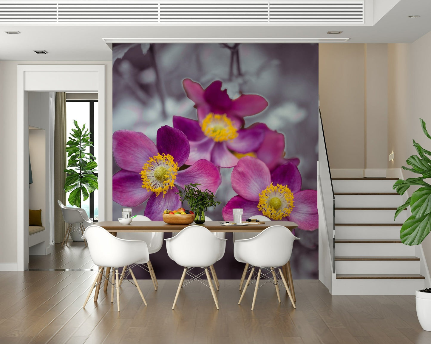 Anemone flowers wallpaper mural behind sofa, modern botanical look, soft color palette