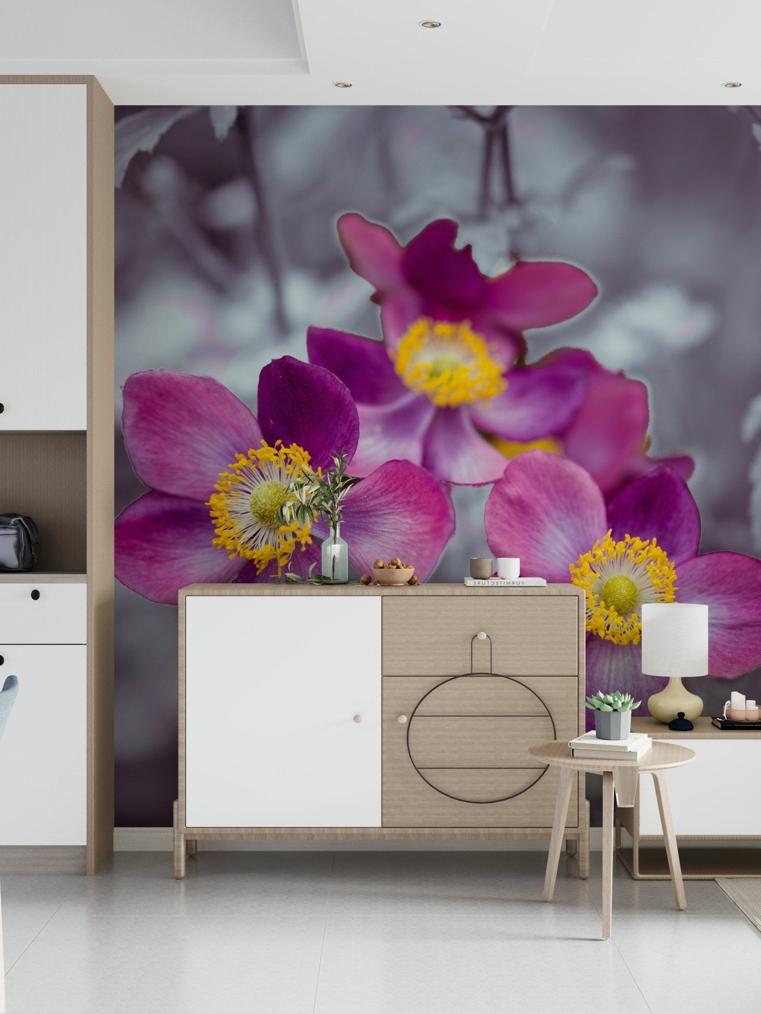 Living room wall mural with anemone flowers and stems, neutral color base, modern wall decor