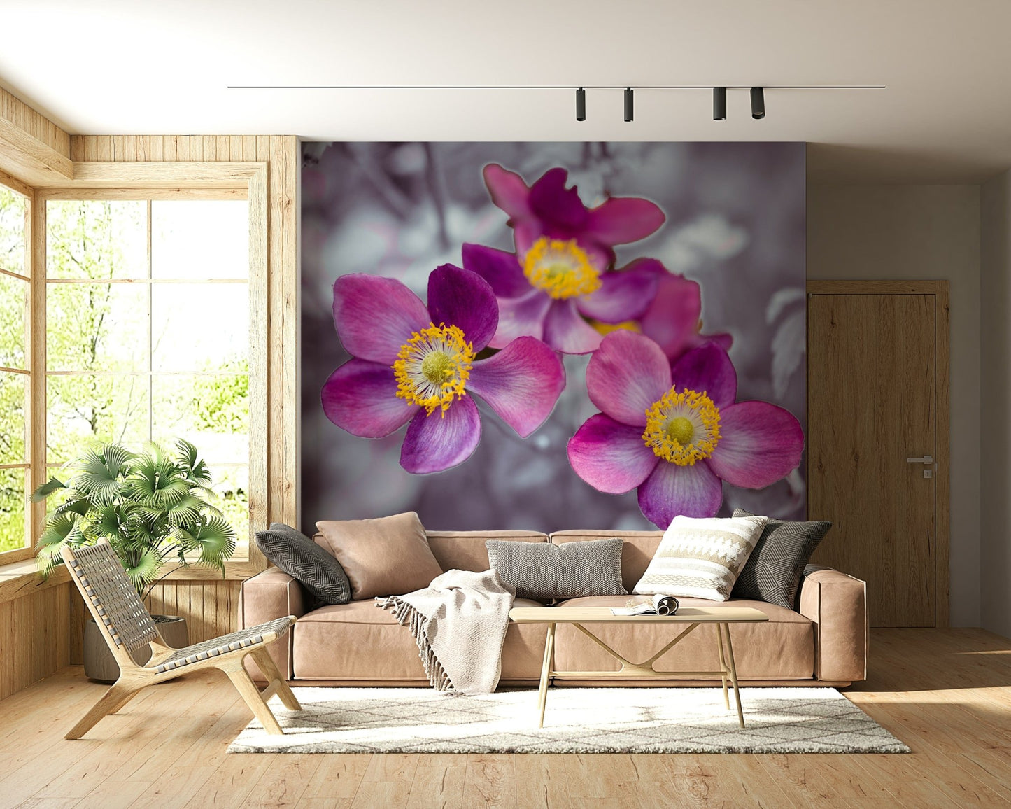 Bedroom feature wall with anemone floral mural, neutral color background, modern wall decor
