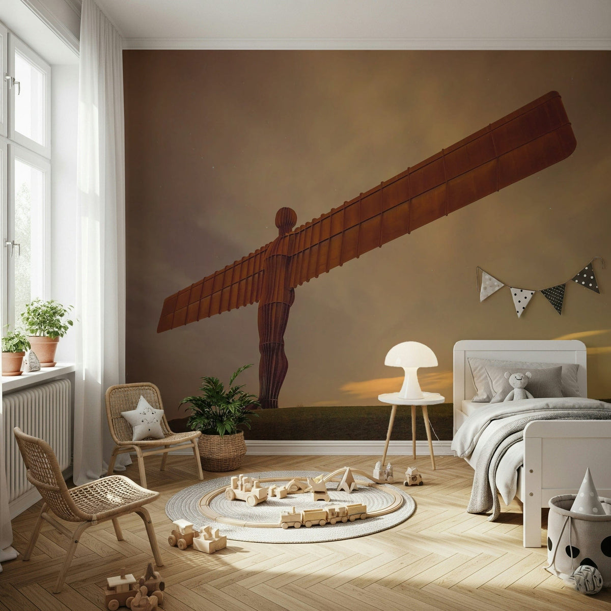 Abstract Angel sculptural mural, unique form, moody outdoor photography.