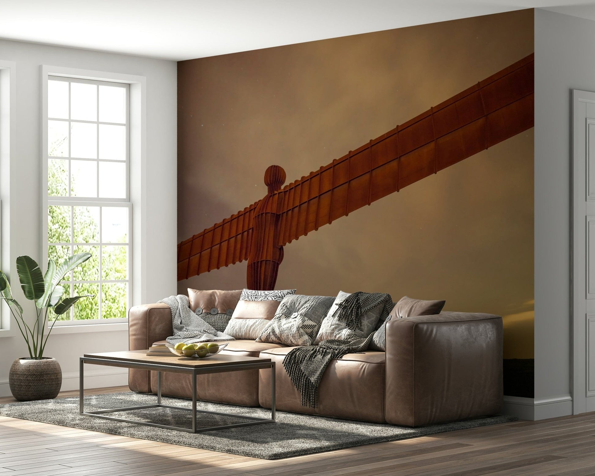 Cor-Ten steel Angel of North mural, celebrated sculpture, northern landmark view.