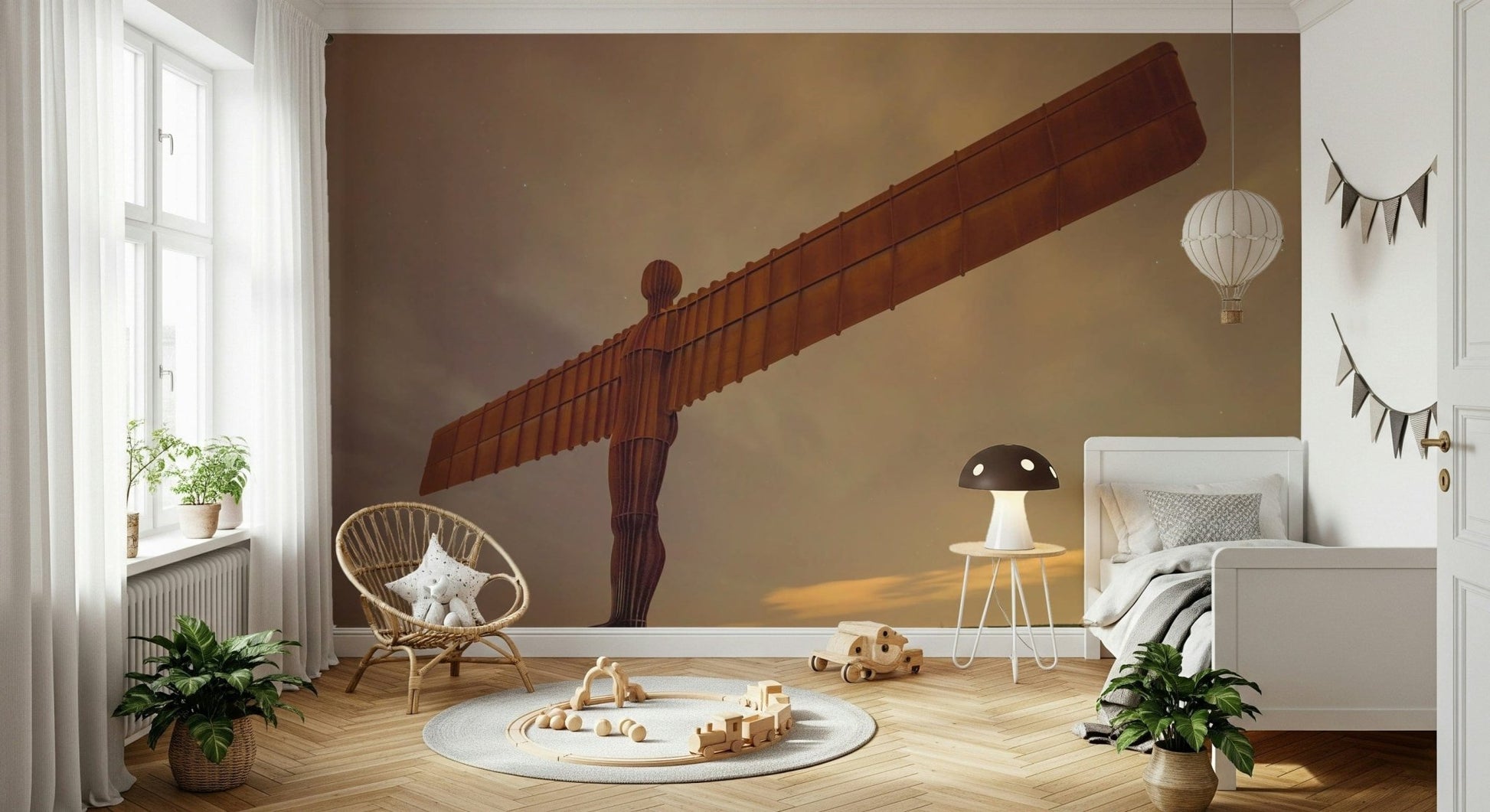 Eerie Angel of North statue wallpaper, brown steel, long exposure evening.